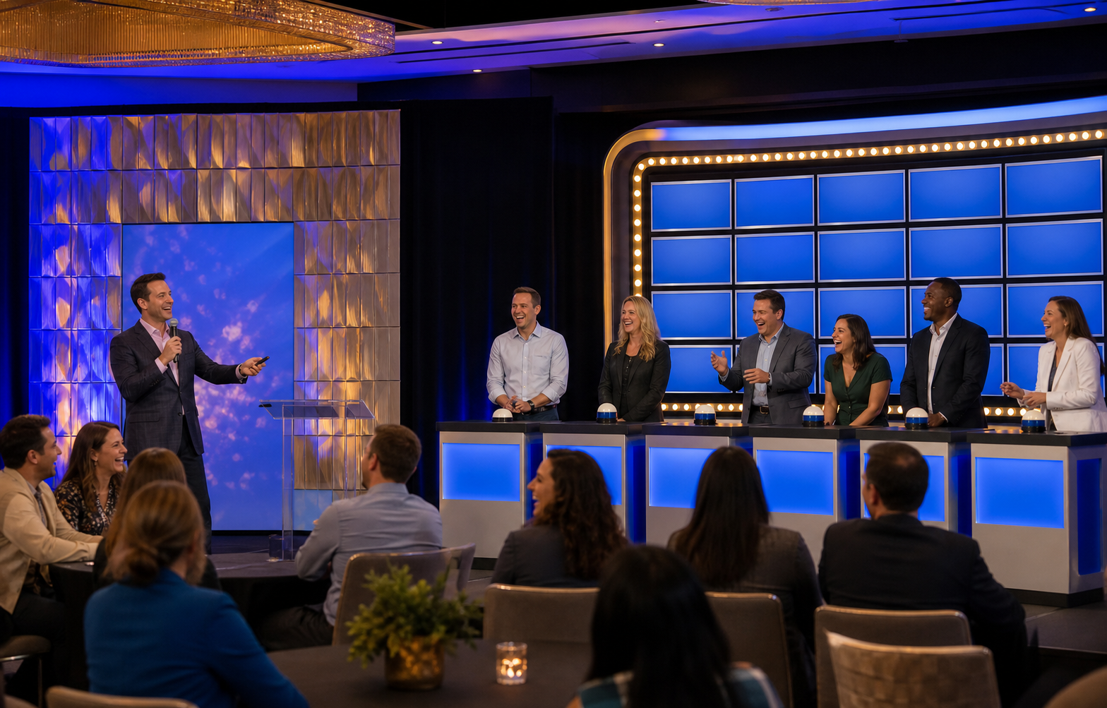 Live hosted game show with teams competing, a host on stage, and guests playing along