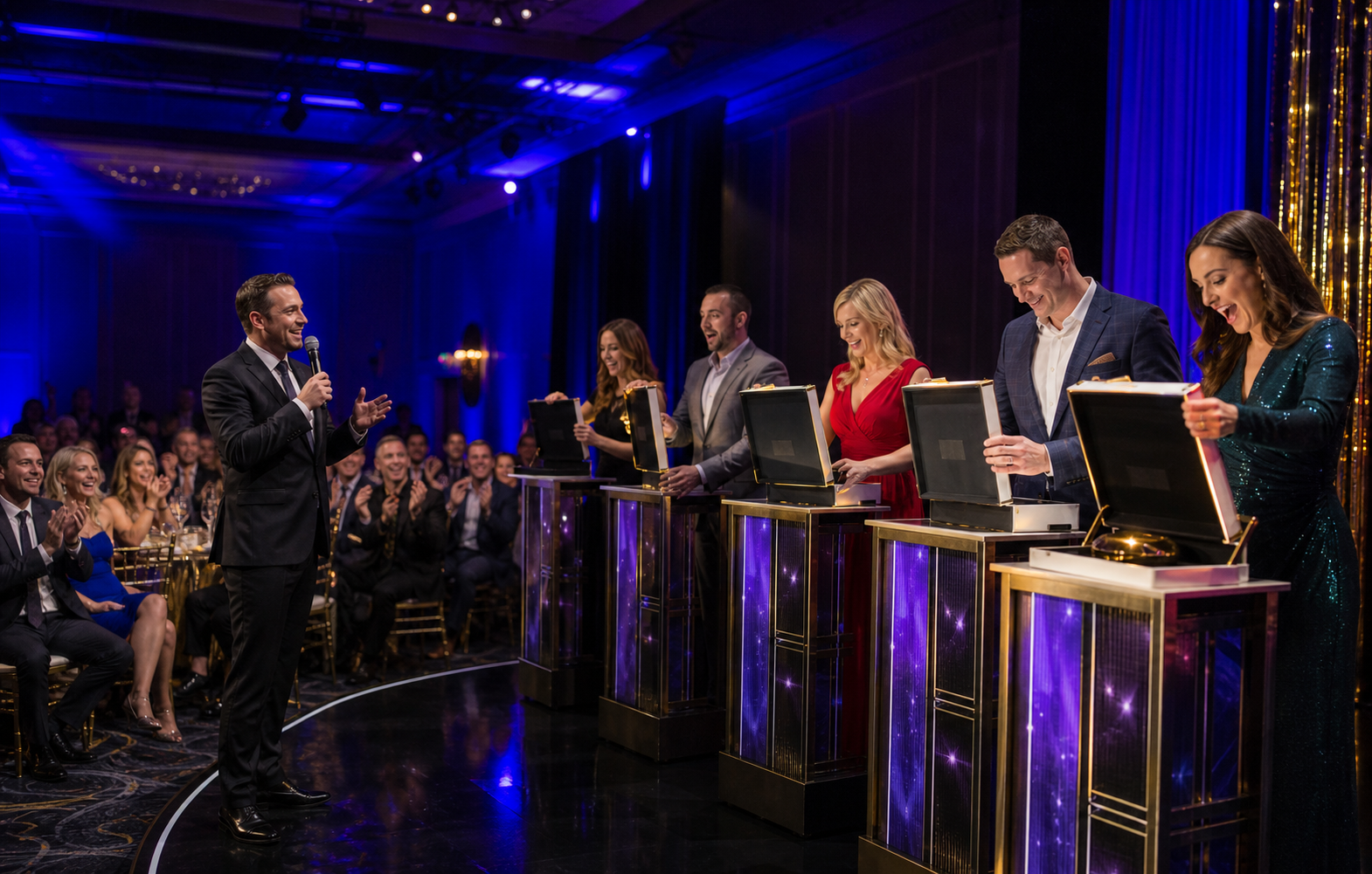 Live hosted game show with teams competing, a host on stage, and guests playing along