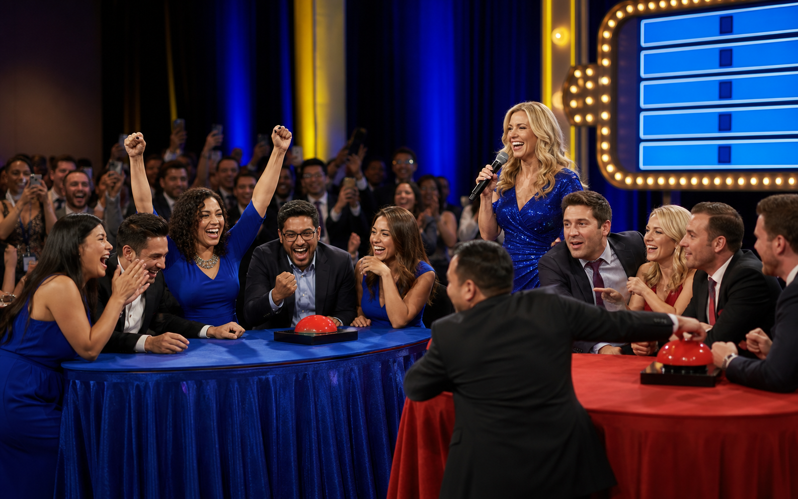 Live hosted game show in a ballroom with competing teams, audience members, and phone players