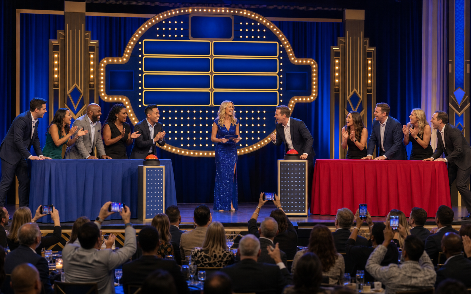 Live hosted game show with teams competing, a host on stage, and guests playing along
