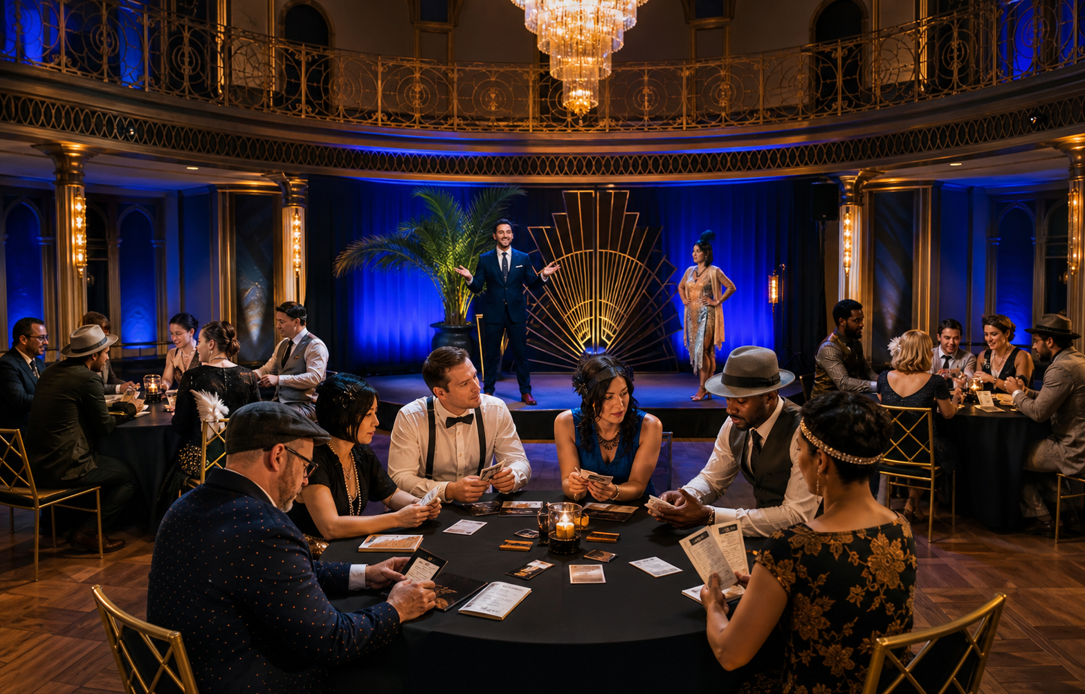 Live hosted game show with teams competing, a host on stage, and guests playing along