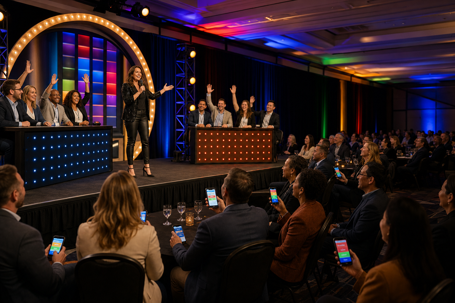 Live hosted game show in a ballroom with competing teams, audience members, and phone players