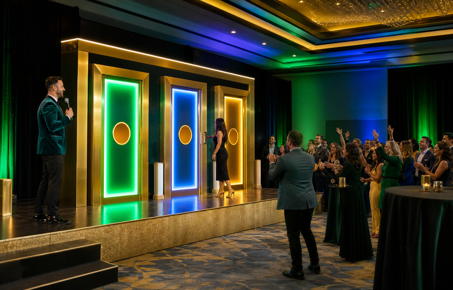 Live hosted game show with teams competing, a host on stage, and guests playing along