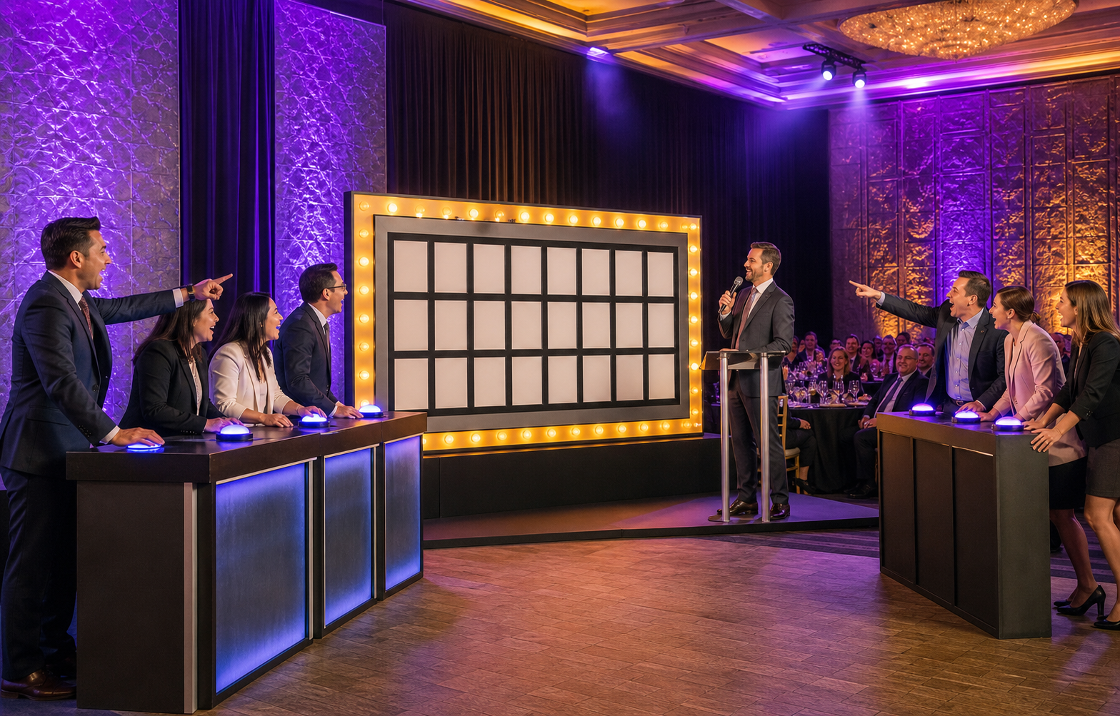 Live hosted game show with teams competing, a host on stage, and guests playing along