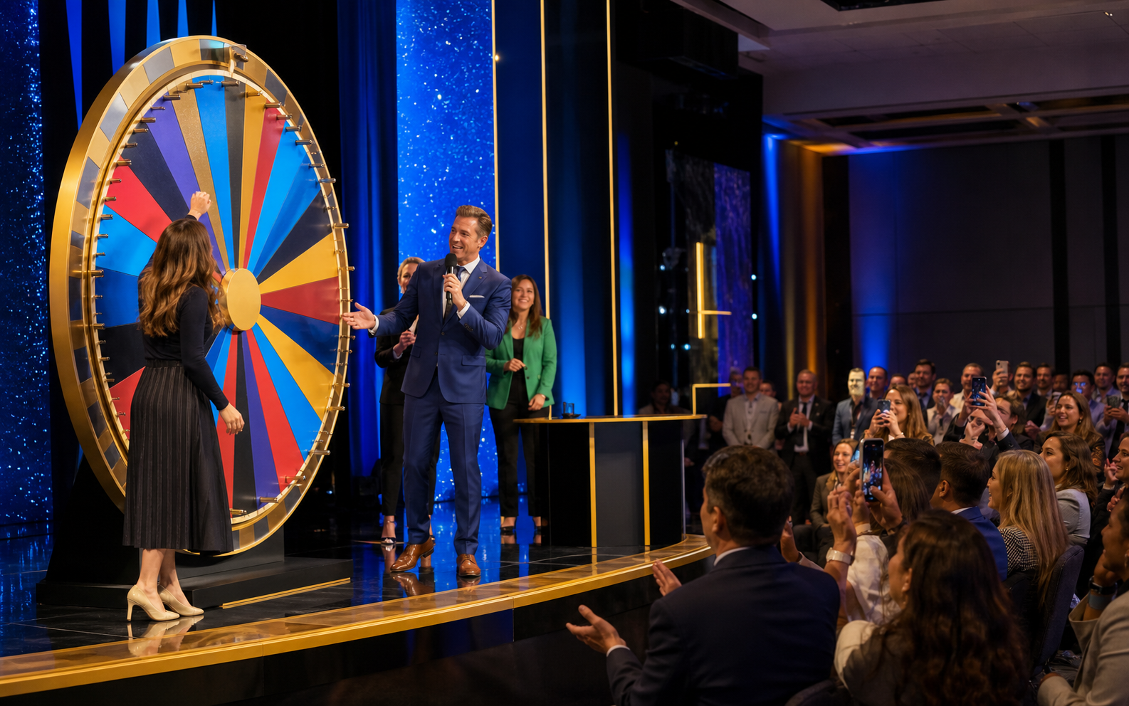 Live hosted game show with teams competing, a host on stage, and guests playing along