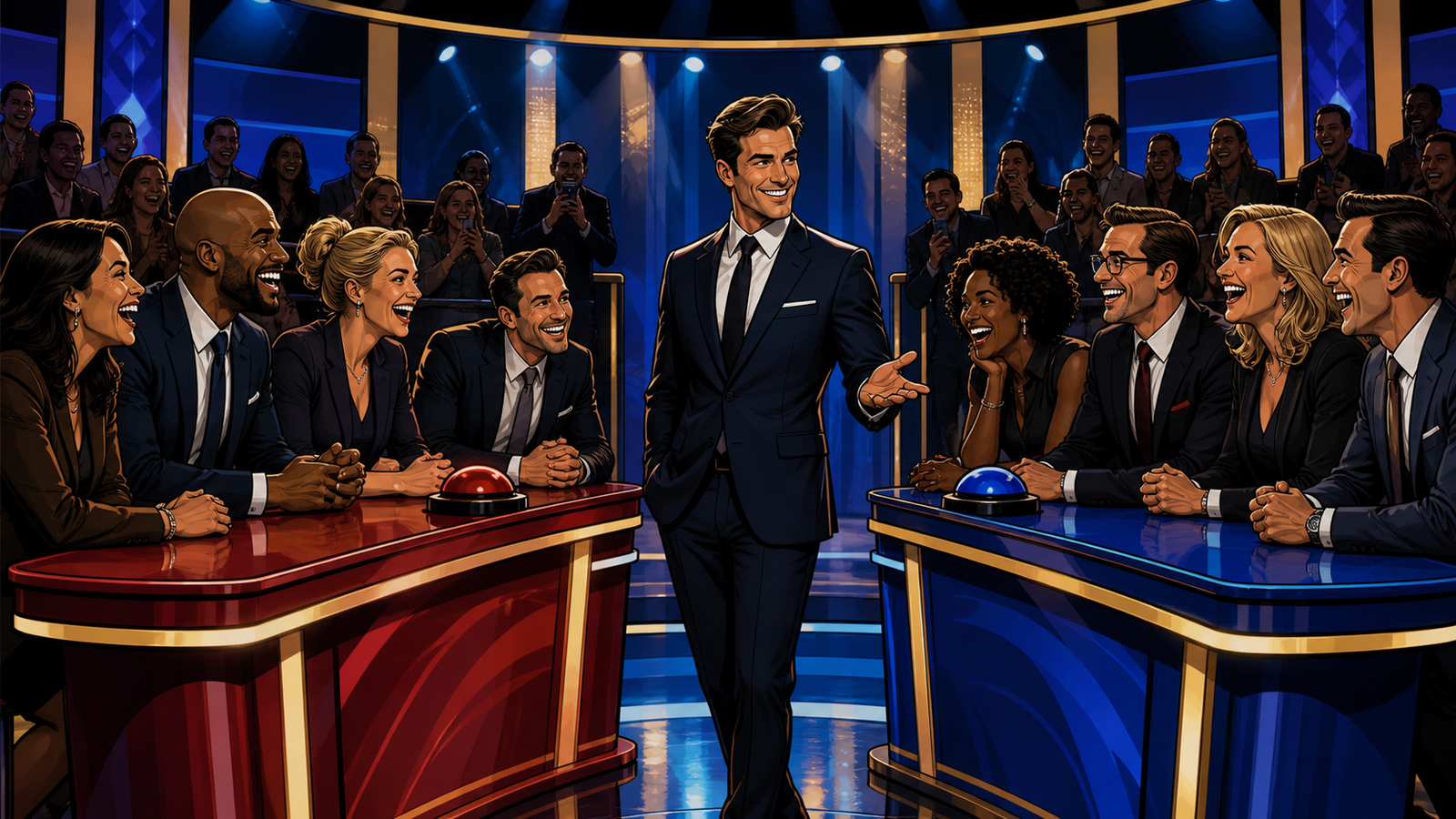 Adult corporate teams enjoying a live game show