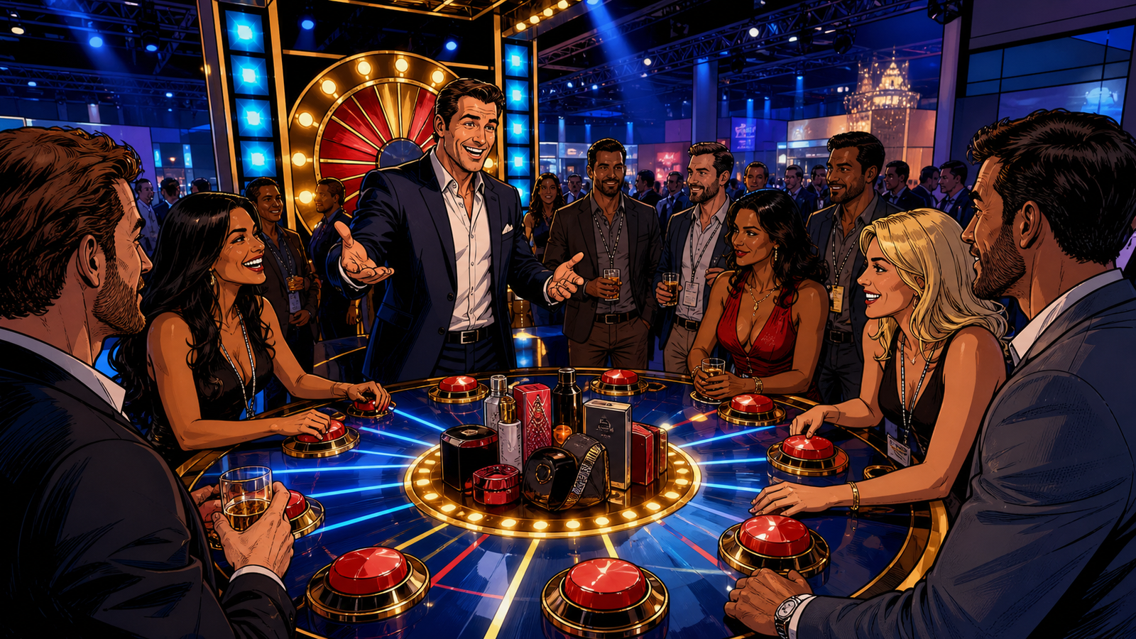 Corporate guests gathering around a live game show attraction