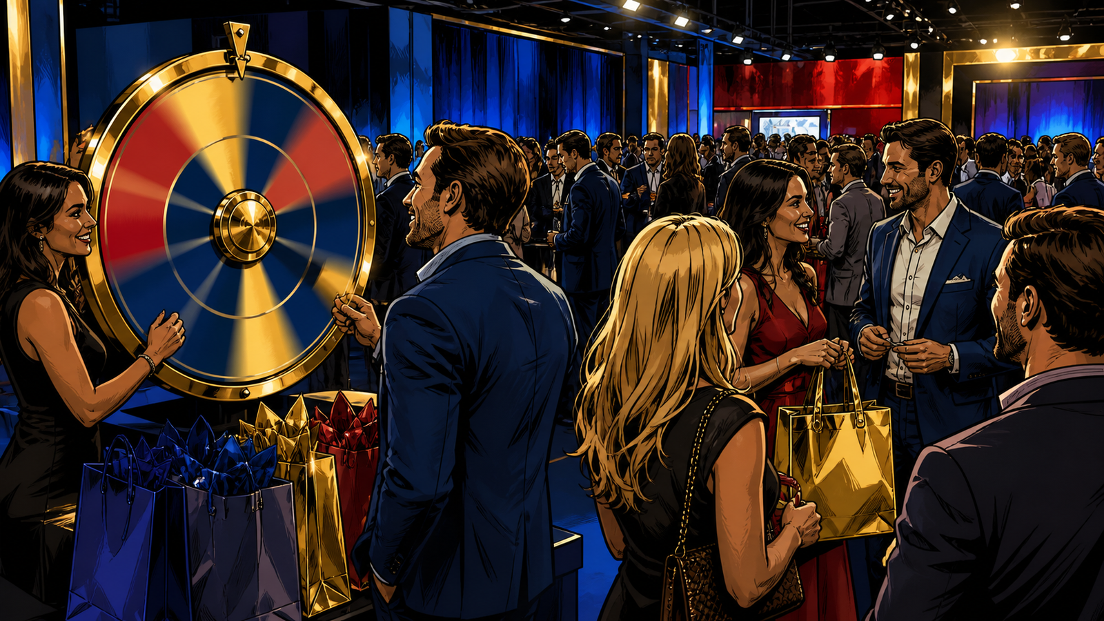 Adult trade show attendees engaging with a branded event game