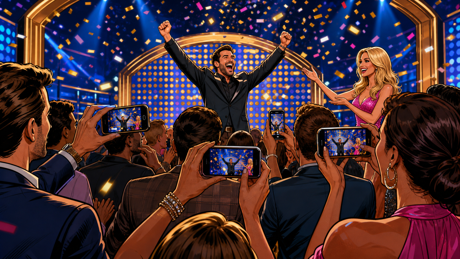 Adult audience capturing a shareable game show moment on phones
