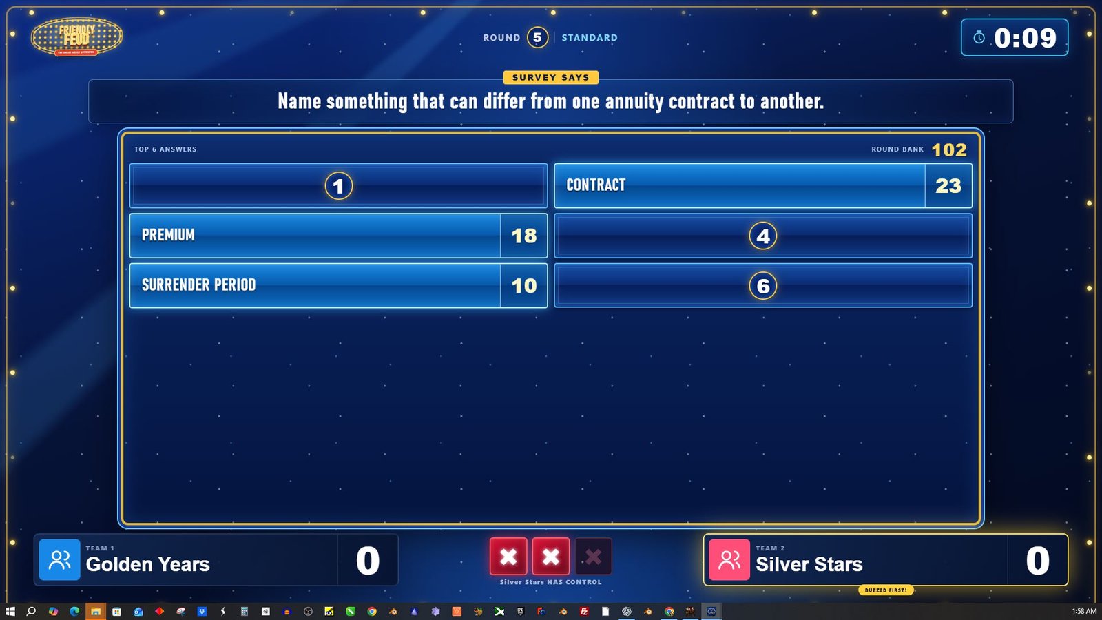 Friendly Feud live game display with survey answers, team scores, and timer