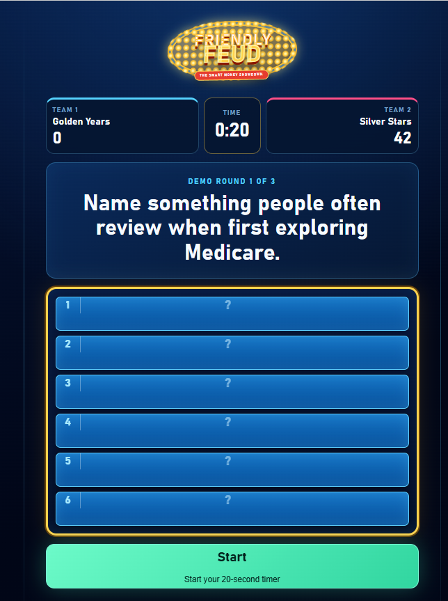 Friendly Feud player demo showing the answer board, team scores, and 20-second timer