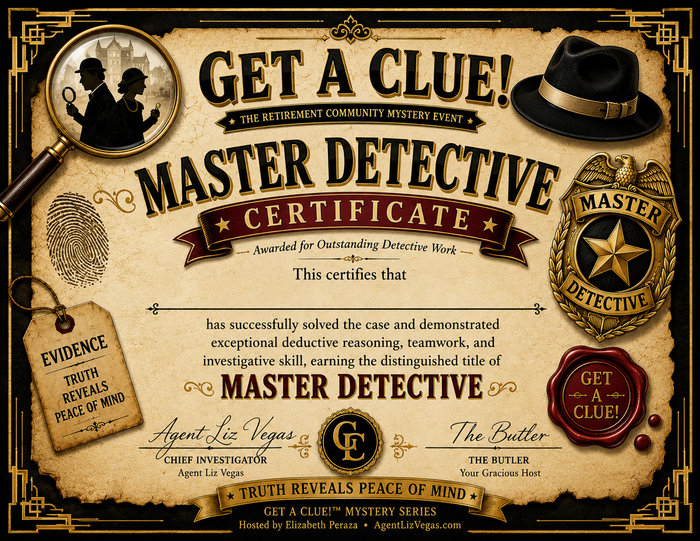 Get A Clue Master Detective Certificate with detective badge and signatures