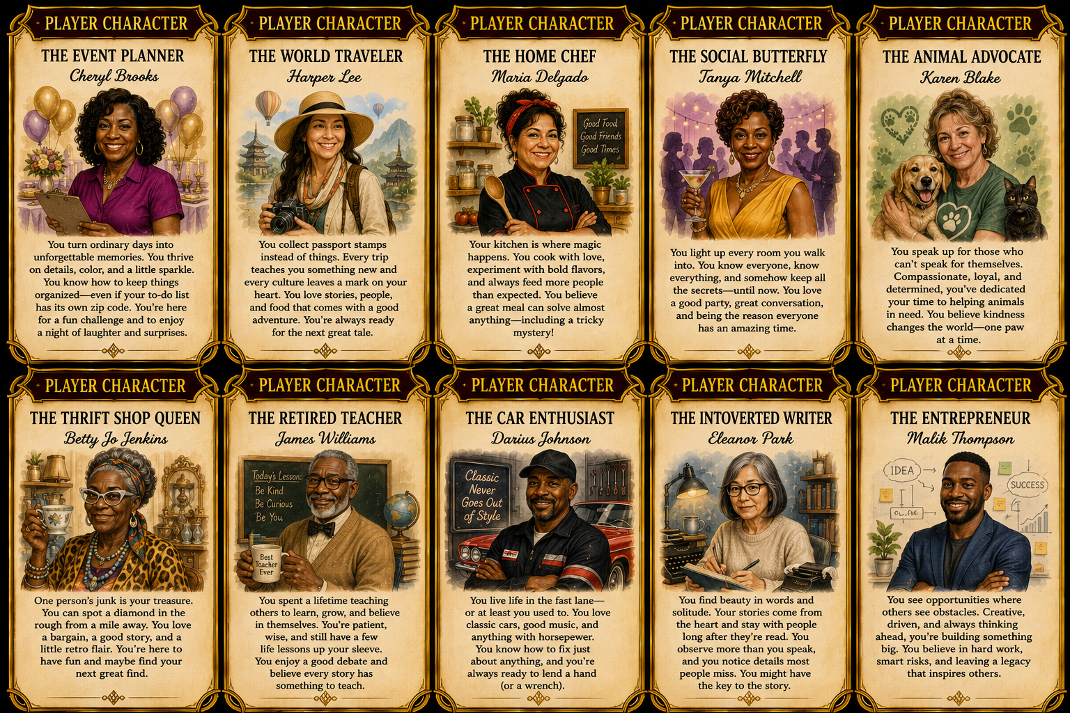 Ten Get A Clue player character cards with illustrated personalities