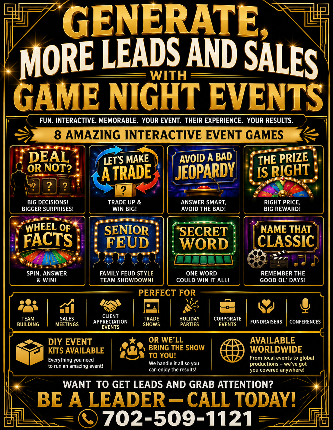 Get A Clue promo flyer with gold and black mystery party styling